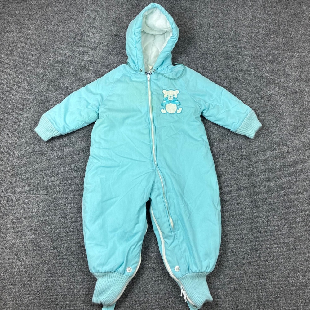 Weather Tamer Vintage Blue Hooded Snowsuit Teddy Bear Made in USA 0-18M M1042